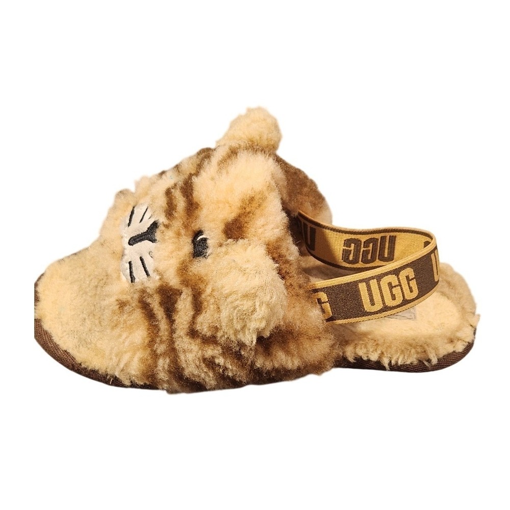 UGG Slippers Kids Size 9 Brown Fuzzy Tiger Face Shearling Slide Animal Print